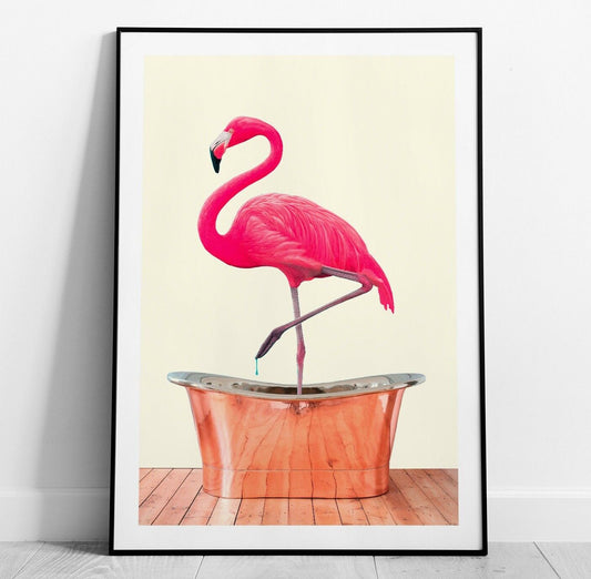 Flamingo in Bath Art Print, Flamingo Poster, Home Decor Wall Art