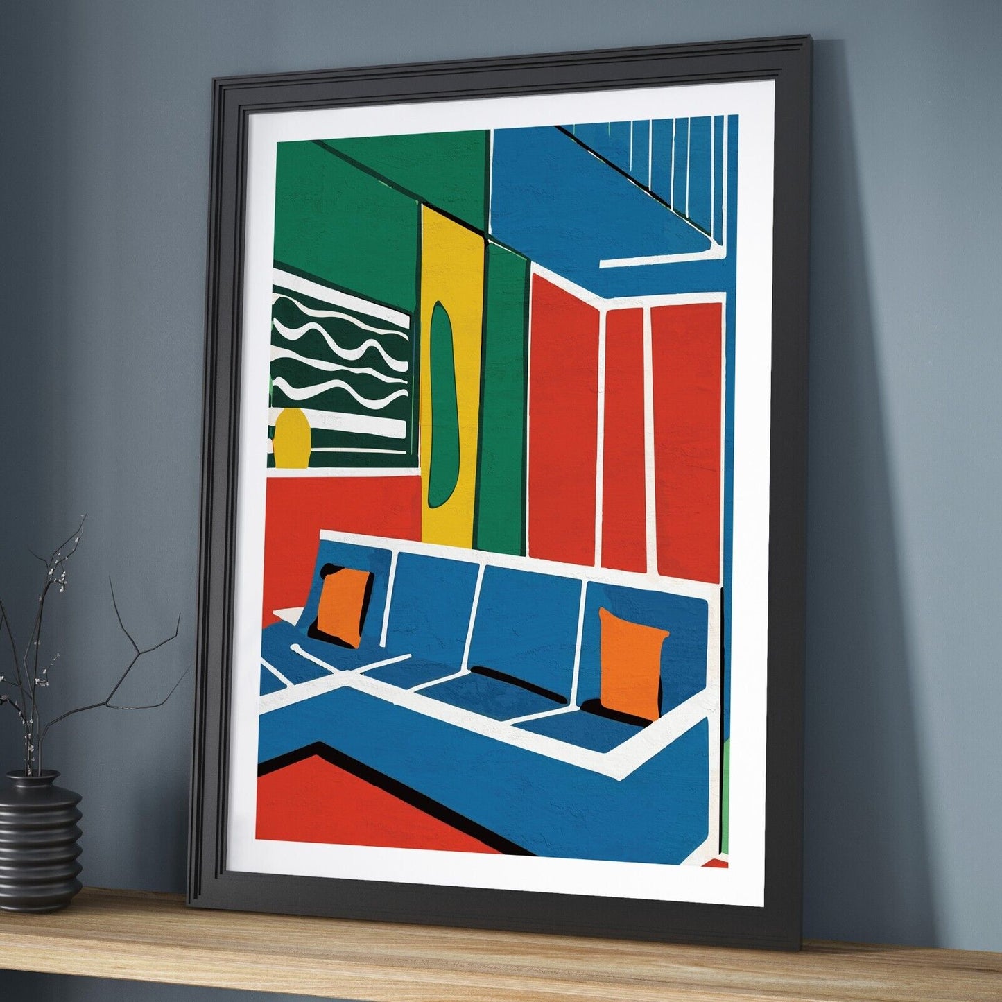 Abstract Colourful Painting of Mid Century Living room, Wall Art, Home Decor