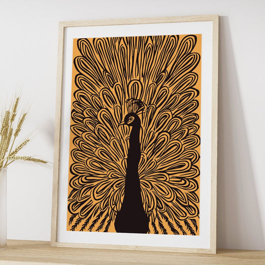 Peacock Wall Art Print, Black and Gold Peacock Drawing Wall Art Print