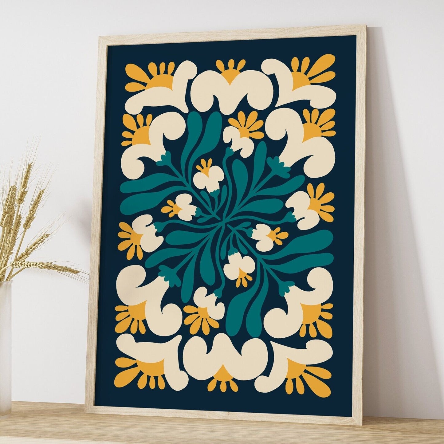 Retro Floral Art Print, Mid Century Flower Print, Blue Art Print, Home Decor