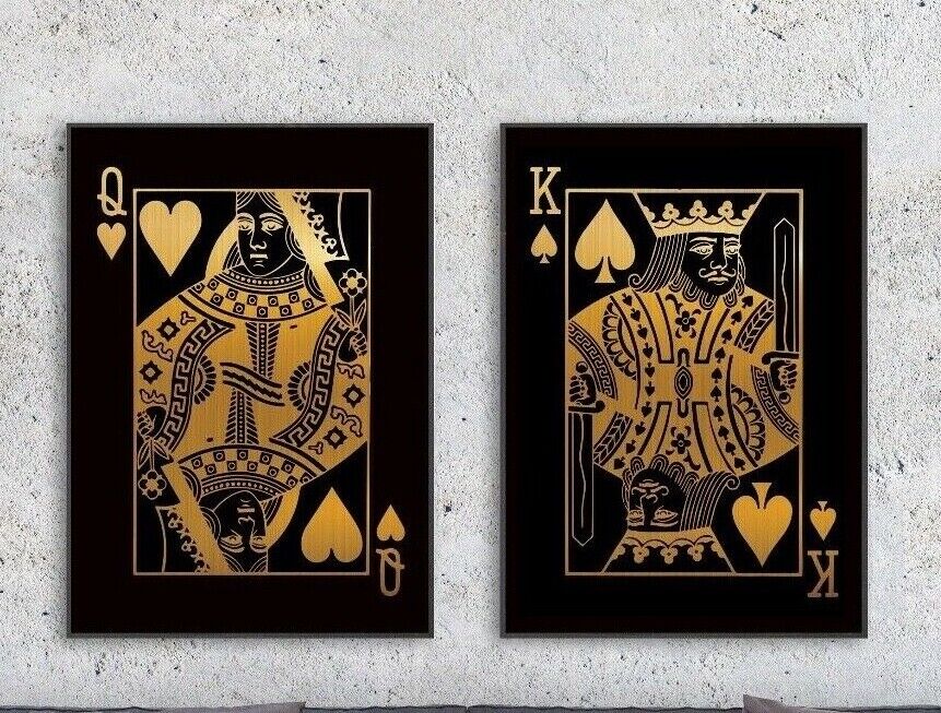 Pair of Gold Effect King & Queen Playing Card Prints, His & Hers Wall Art