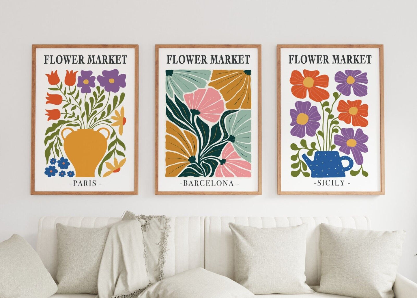 Set of 3 Flower Market Art Prints,  Abstract Wall Art, Botanical Prints