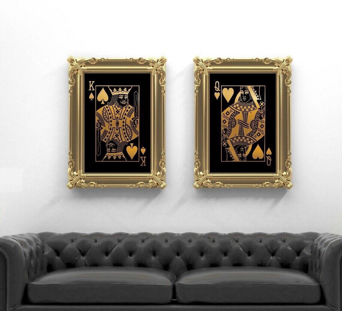 Pair of Gold Effect King & Queen Playing Card Prints, His & Hers Wall Art