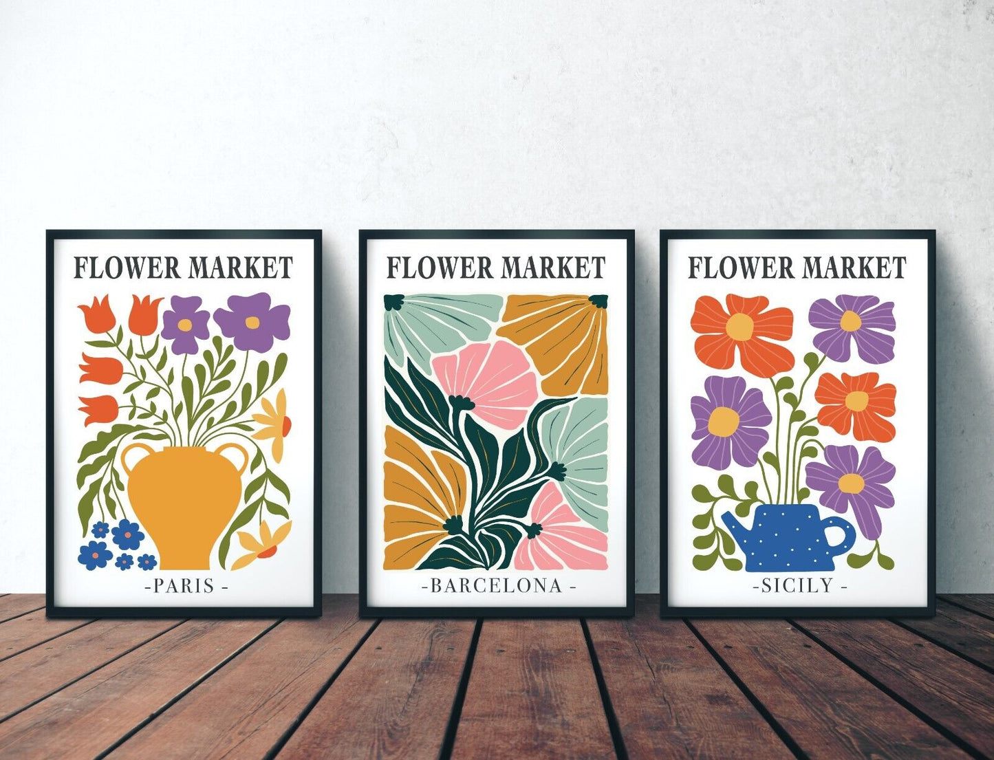 Set of 3 Flower Market Art Prints,  Abstract Wall Art, Botanical Prints