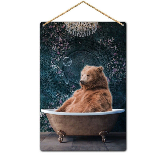 Bear in Bath Metal Wall Plaque, Bathroom Wall Plaque, Bear Art Tin Sign