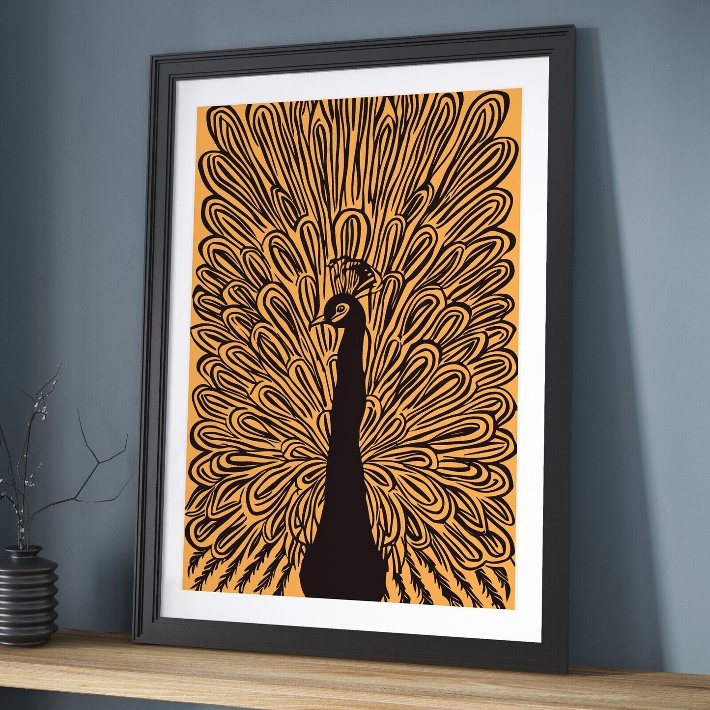 Peacock Wall Art Print, Black and Gold Peacock Drawing Wall Art Print