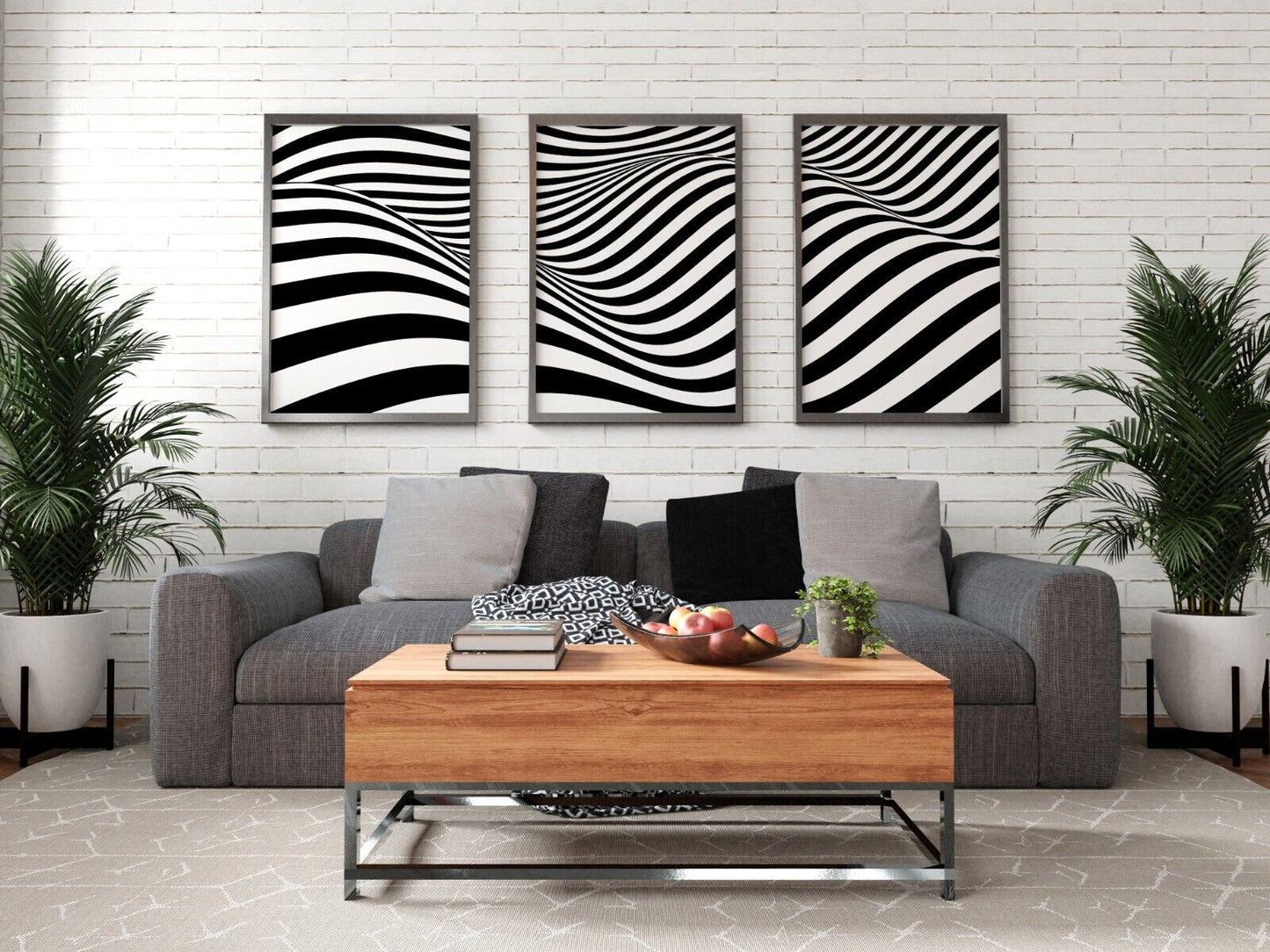 Set of 3 Monochrome Swirls Art Prints, Psychedelic Lines Print, Abstract Print