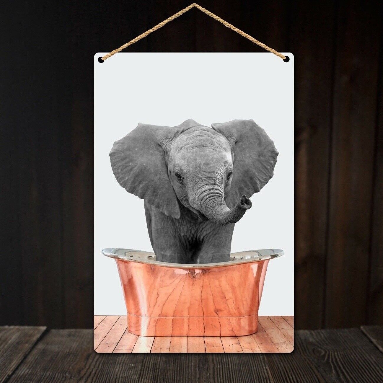 Elephant in Copper Bath Wall Plaque, A4 Elephant in Bath Metal Sign, Tin Sign