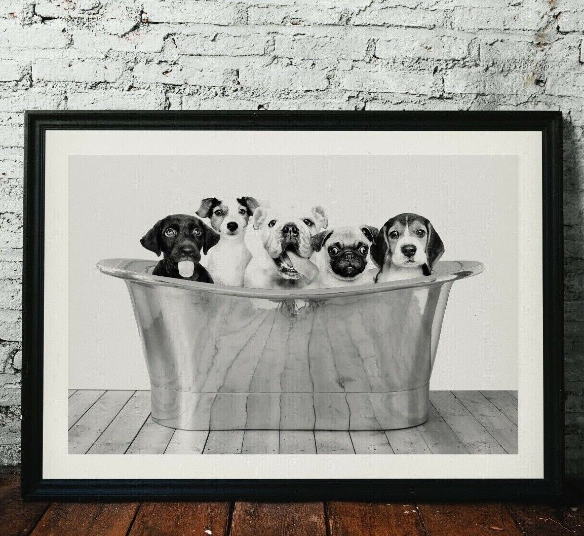 Puppies in Bath Art Print, B/W Puppy Poster, Dog Print, Home Decor Wall Art