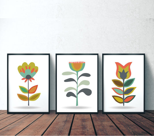 Set of Three Minimal Flower Art Prints, Scandinavian Wall Art, Gallery Wall