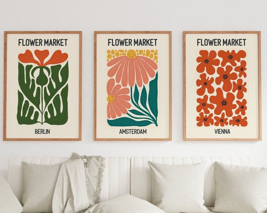 Set of 3 Flower Market Art Prints,  Abstract Wall Art Posters, Botanical Prints