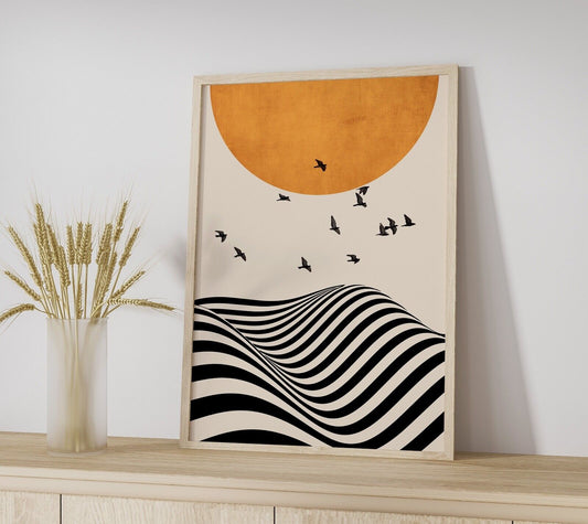 Abstract Art, Contemporary Art Print, Sun and Birds over wavy lines Art Print