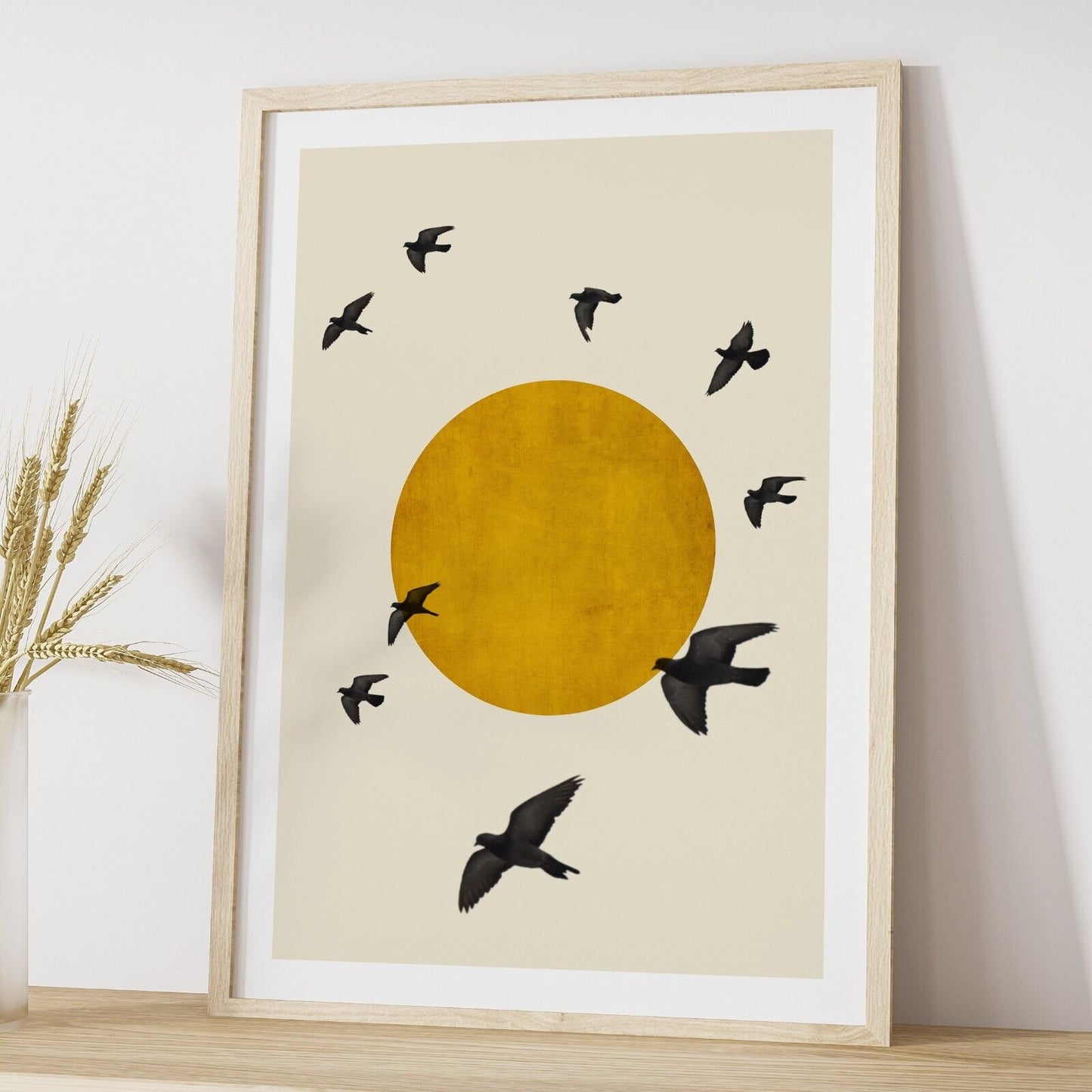 Set of Three Minimal Art Prints, Gold Sun and Trees Wall Art, Gallery Wall Print