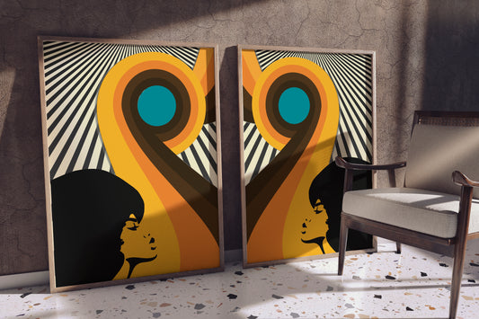 Pair of Mid Century Retro Art Prints, Vintage Sixties Shapes Wall Art